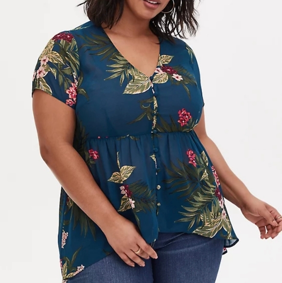 TEAL TROPICAL FLORAL CHIFFON HI-LO BABYDOLL TUNIC - Picture 3 of 5